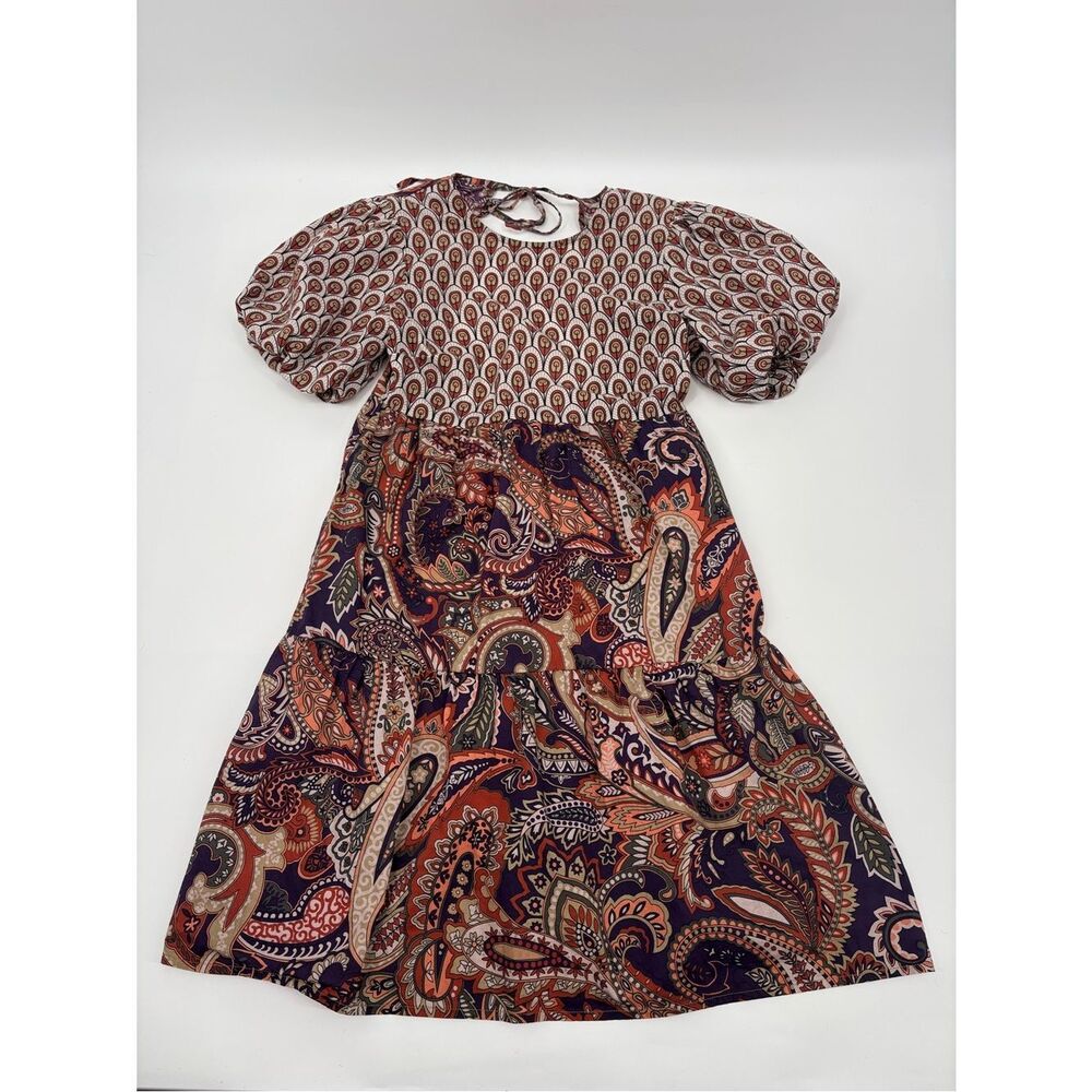 Anthropologie | kachel Kulture Paisley puff sleeve mini Dress - Orange & Purple